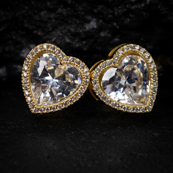 TSV Jewelers Jewelry - Yellow Gold 925 Sterling Silver Cz Heart Shaped Women's Stud Screw Back Earrings